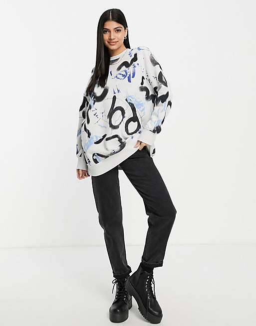 Women Monki organic blend cotton graffiti print oversize sweatshirt in multi 