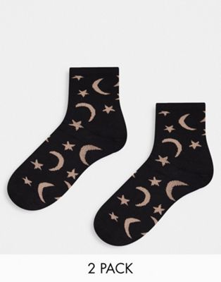 Monki organic cotton 2 pack sun and stars socks in black