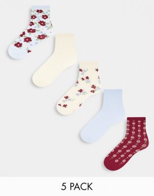 Monki cotton 5 pack floral socks in multi - MULTI