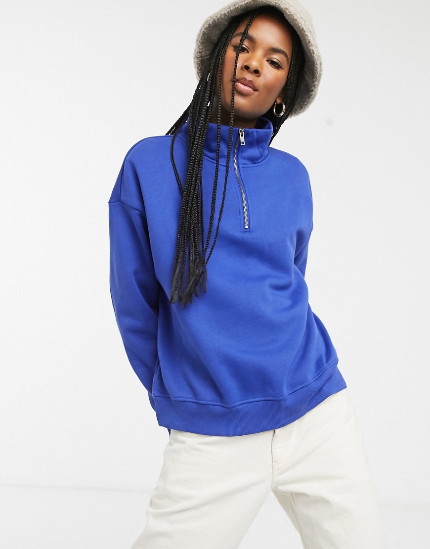 Monki organic cotton and recycled polyester zip front high-neck sweat in cobalt blue