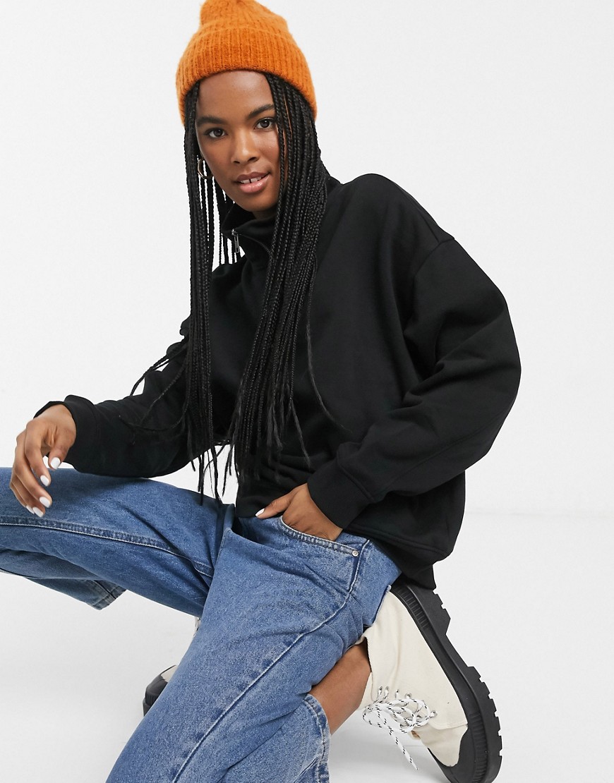 Monki organic cotton blend and recycled polyester zip front high-neck sweatshirt in black