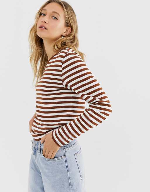 Monki Organic Cotton Blend Long Sleeve Crew Neck Top In Rust And White