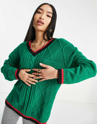 Monki Organic Cotton Cable Knit Sweater With Tipping In Green | ModeSens