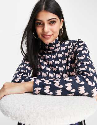 Monki Cotton Cat Print High Neck Top In Navy - Navy