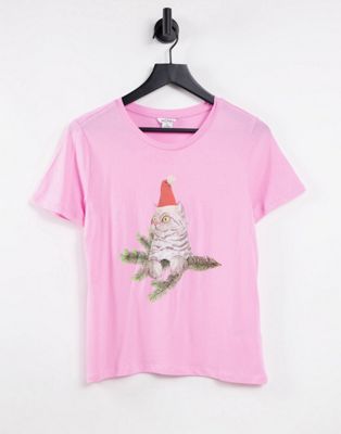 Monki organic cotton Christmas cat t-shirt in pink