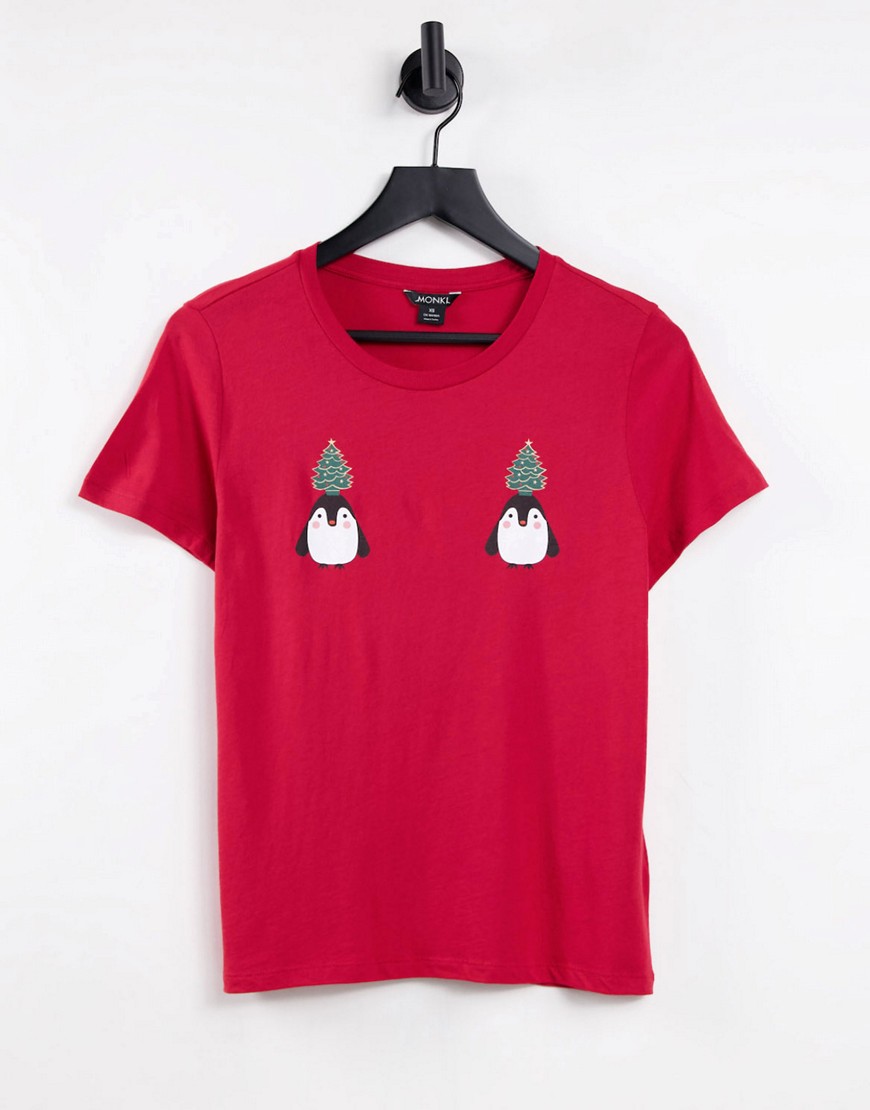 Monki organic cotton Christmas penguin print t-shirt in red