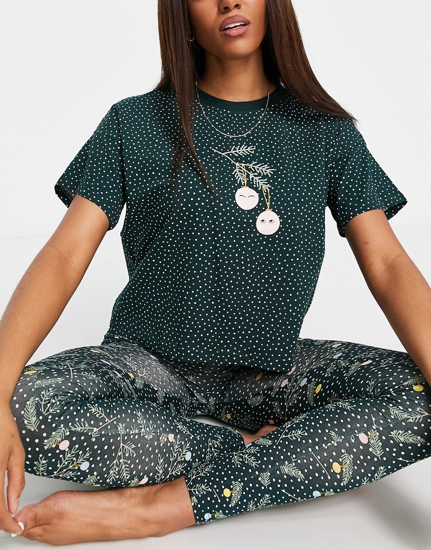 Monki organic cotton Christmas pine print T-shirt and legging pajama set in green