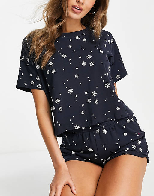  Monki organic cotton Christmas snowflake print pyjama set in navy 