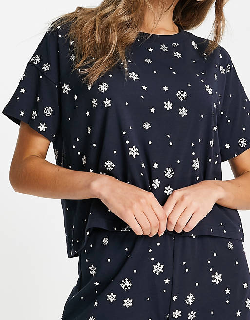  Monki organic cotton Christmas snowflake print pyjama set in navy 