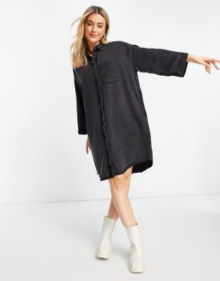 Monki organic cotton denim shirt dress in black