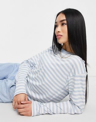 Monki cotton long sleeve t-shirt in blue stripe - LBLUE