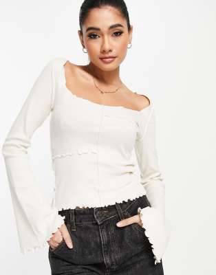 Monki Cotton Patch Top With Trumpet Sleeves In Beige - Beige-neutral