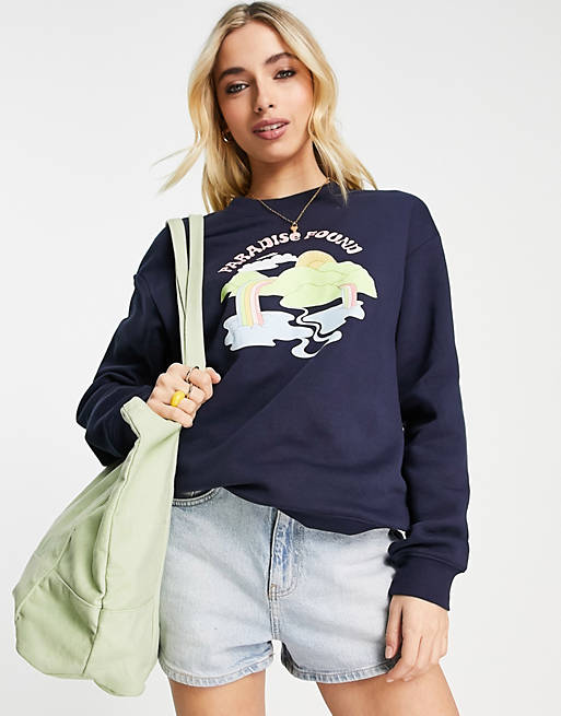 Women Monki organic cotton printed slogan sweatshirt in navy 