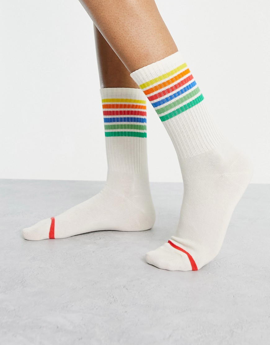 Monki organic cotton rainbow stripe socks in white-Multi