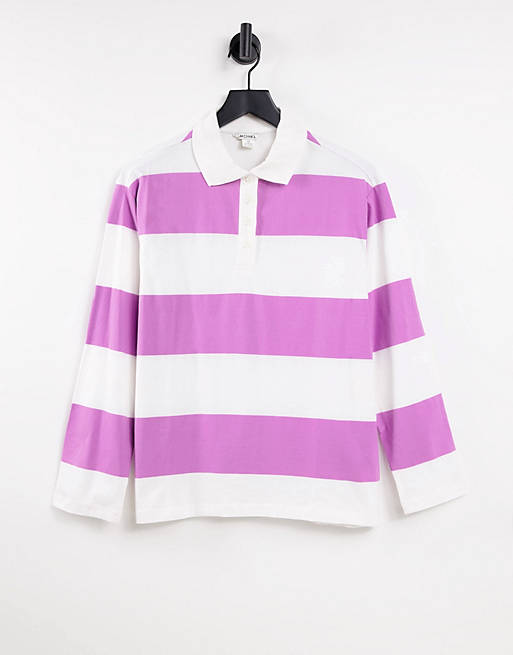 Monki Organic Cotton Rugby Polo Top In, Pink And Purple Rugby Shirt