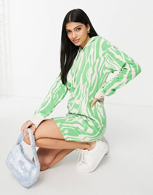  Monki organic cotton swirl print hoodie mini dress in green 