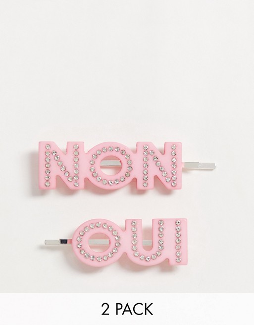 Monki OUI/NON embellished hair slides in pink