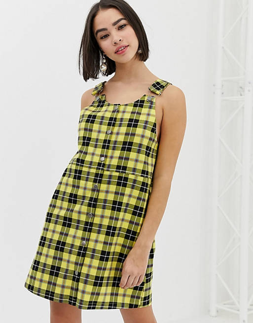Monki overall dress in yellow check