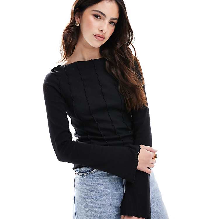 Monki overlock seam detail ribbed jersey top in black | ASOS Monki overlock seam detail ribbed jersey top in black | ASOS