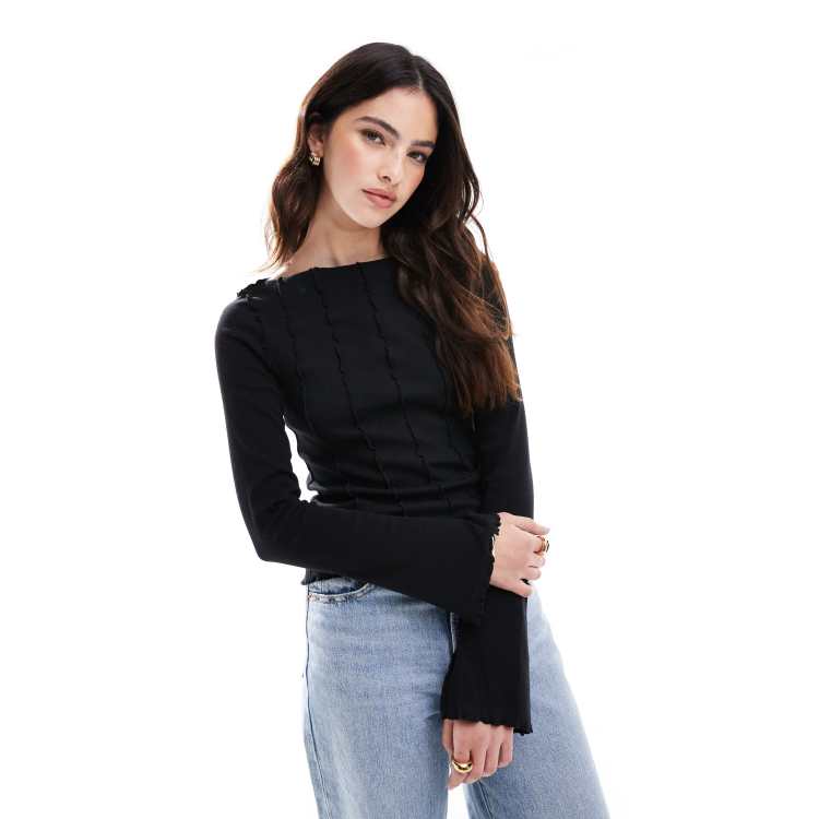 Monki overlock seam detail ribbed jersey top in black | ASOS