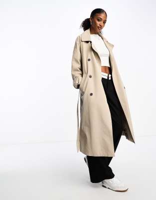 Monki belted wool blend double breasted coat in brown melange