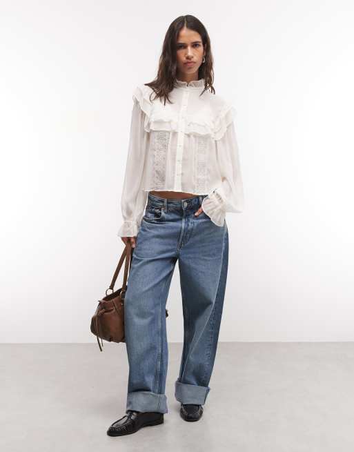 Monki oversize blus med volang och långa ärmar i ivory, 3 av 4