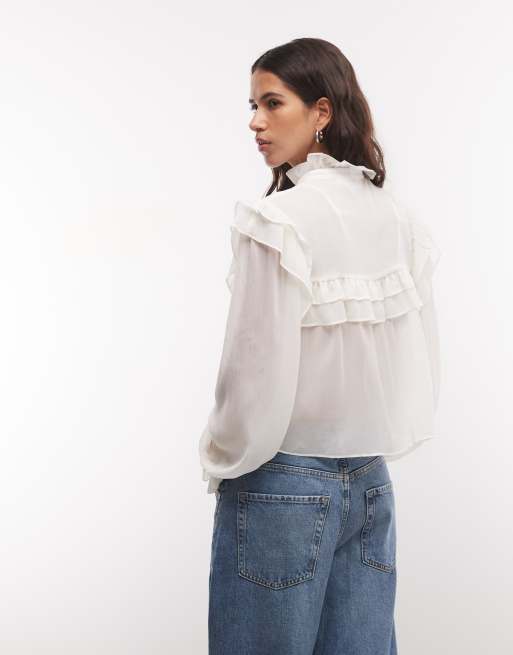 Monki oversize blus med volang och långa ärmar i ivory, 4 av 4