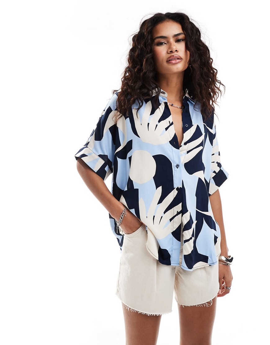 Monki oversize boxy short sleeve blouse in multi blue abstract leaf print