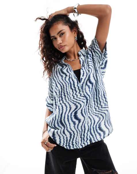 Monki oversize boxy short sleeve blouse in multi blue wave print - view 1