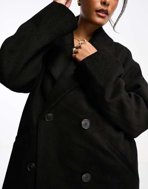 Monki oversize double breasted coat in Black