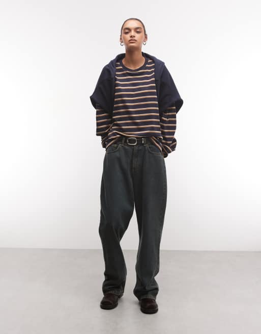 Monki Oversize Langarm-T-Shirt in Marineblau und braun gestreift, 2 von 4