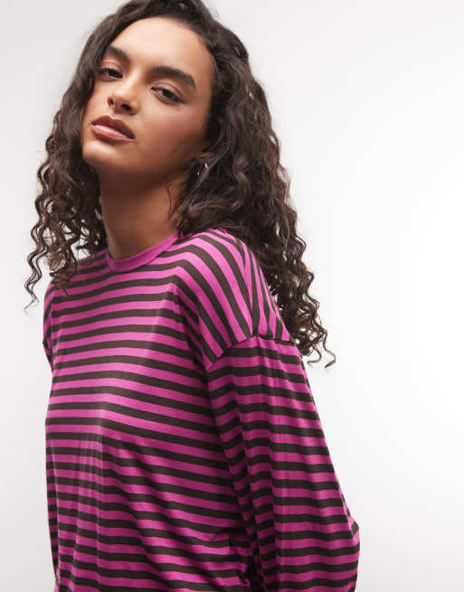 Monki oversize långärmad t-shirt i brun- och rosa randig, 3 av 4