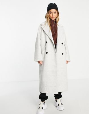 Monki oversize long check coat in off white