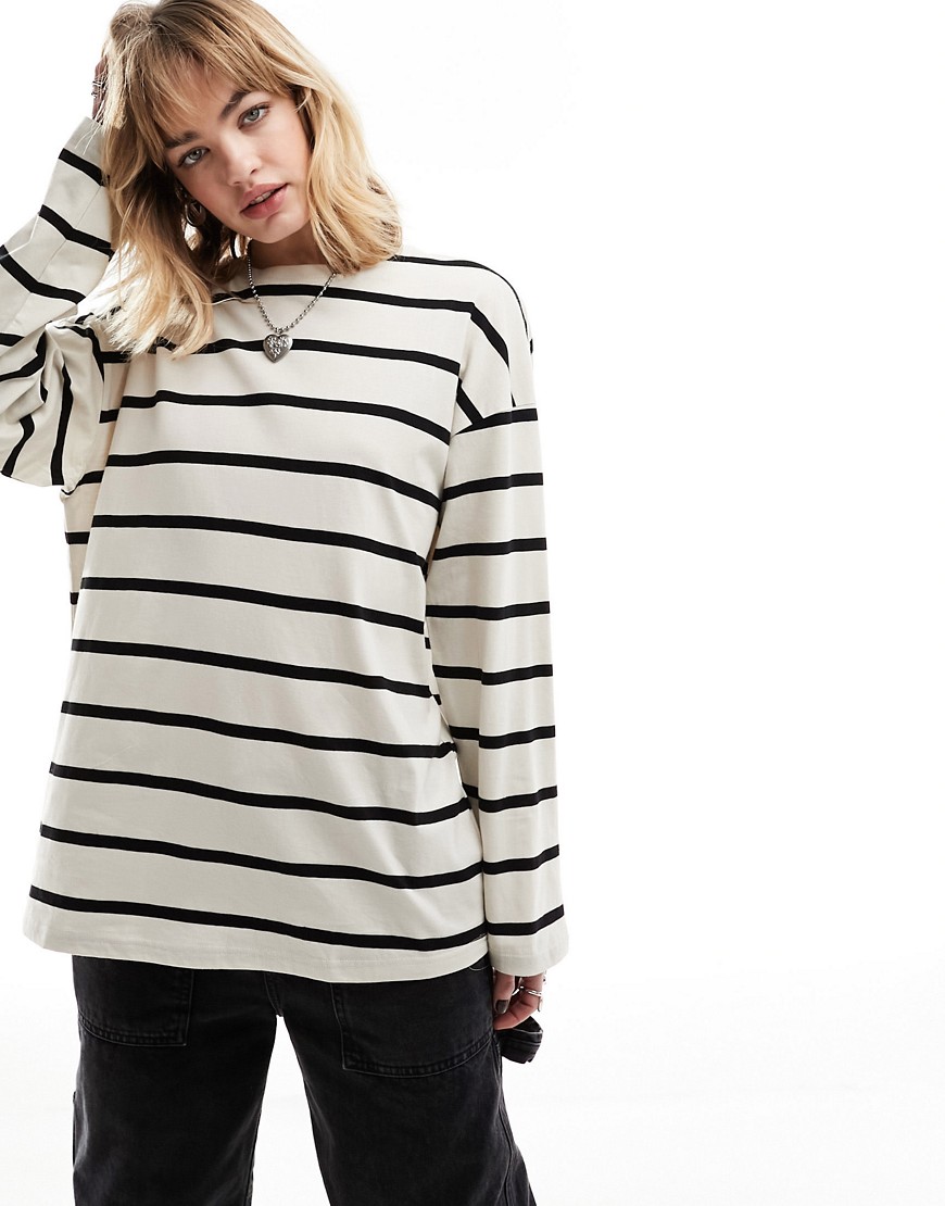 Monki oversize long sleeve t-shirt in black with off-white stripes-Multi