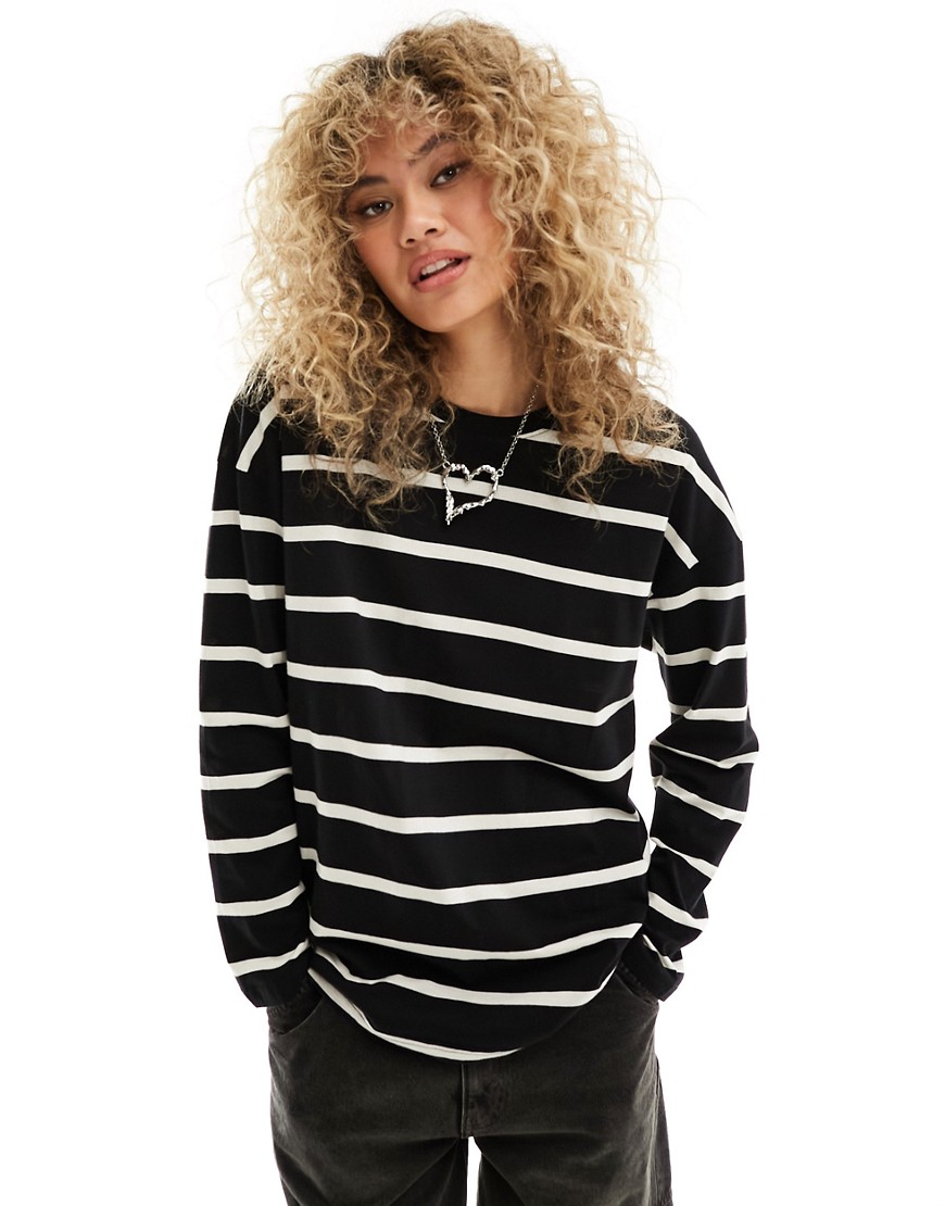 Monki oversize long sleeve t-shirt in off-white with black stripes-Multi
