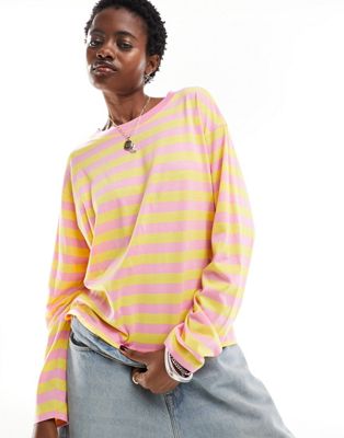 oversize long sleeve top in pink and yellow stripe-Multi