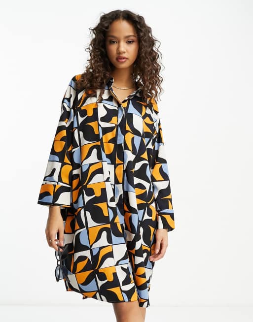 abstract print shirt dress Venice Abstract Print Charmeuse Belted Maxi Shirt Dress - Venice Abstract