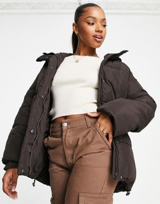 Monki oversized padded jacket with hood in chocolate brown - ASOS Price Checker