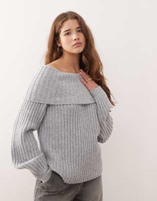 Monki - Oversize-Strickpullover in Grau meliert mit Bardot-Ausschnitt