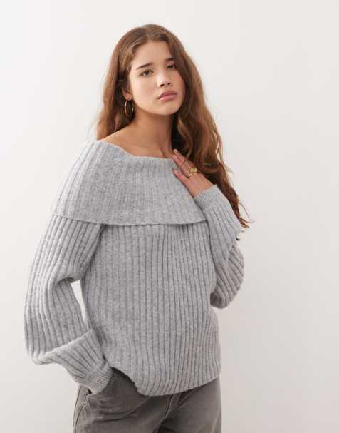 Monki – Oversize-Strickpullover in Grau meliert mit Bardot-Ausschnitt - view 1
