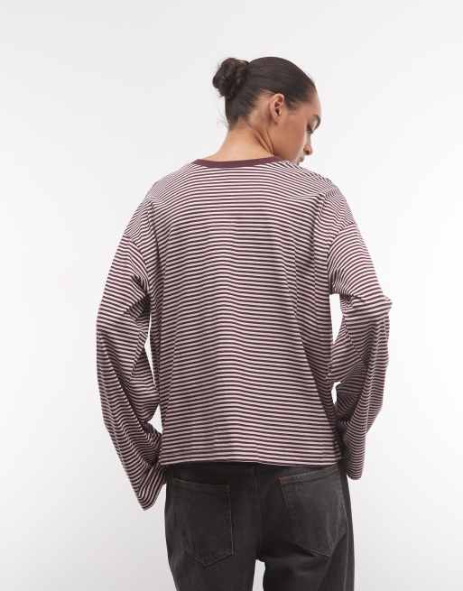 Monki oversize-t-shirt med långa ärmar i rosa och marinrandig, 4 av 4