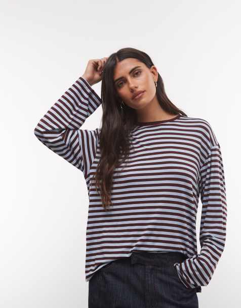 Monki Oversize-T-Shirt mit langen Ärmeln in Blau und Burgunderrot gestreift - view 1