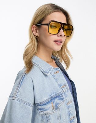 Monki oversized 70s square sunglasses with yellow lense in brown tortoise