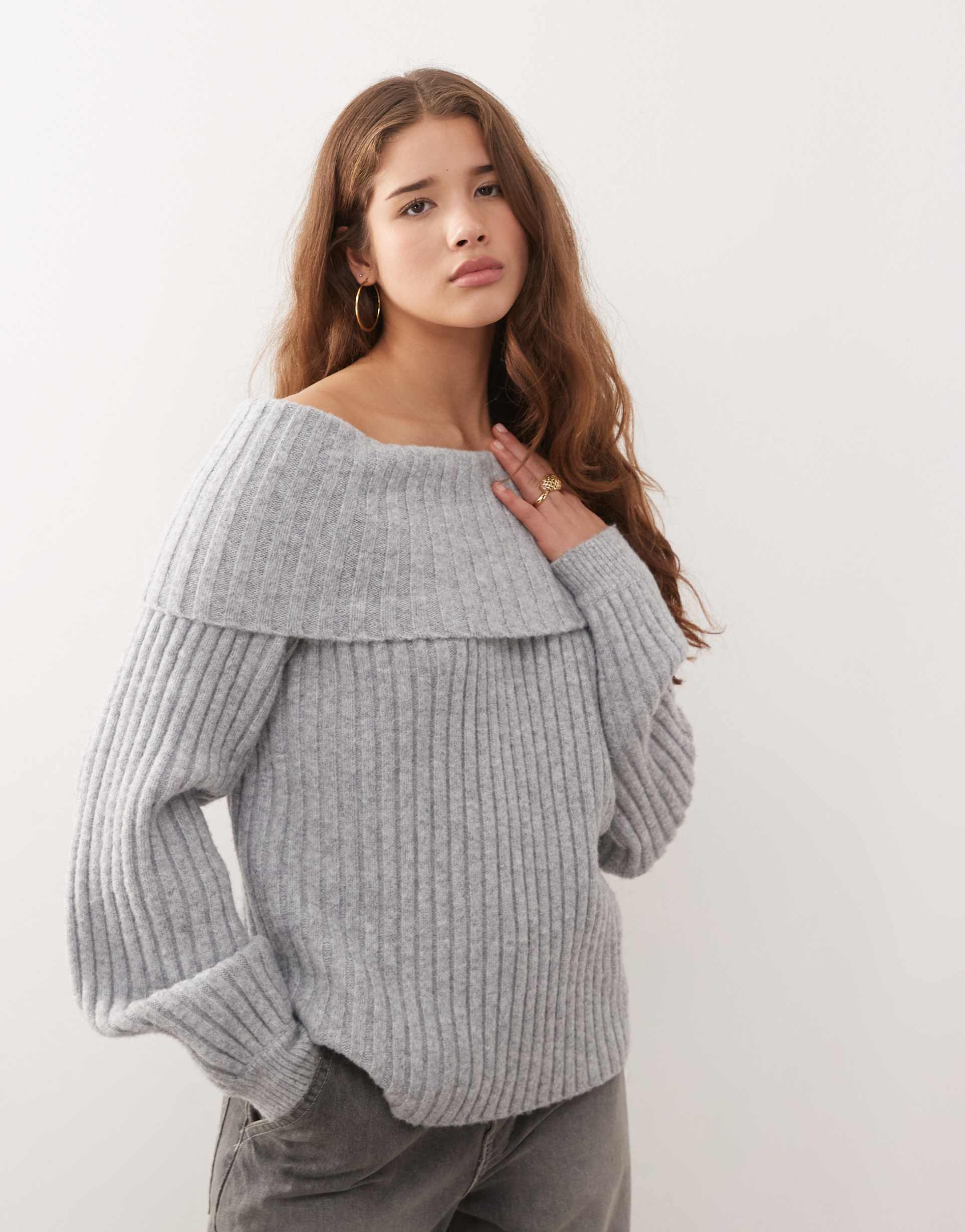 monki oversized bardot knit sweater in gray melange