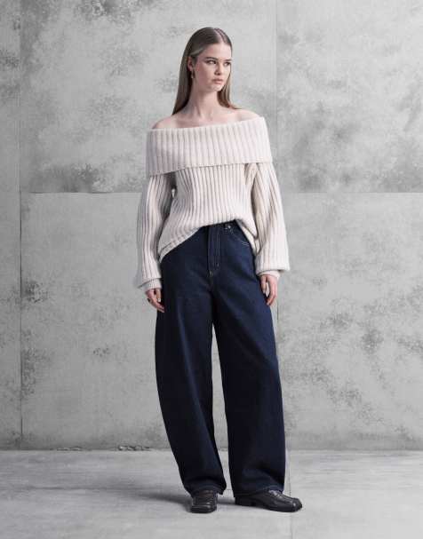 Monki oversized bardot knitted jumper in off white melange - view 1