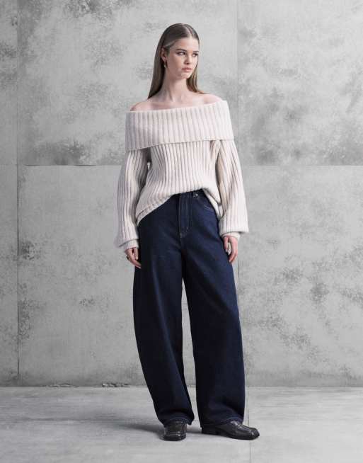 Monki oversized bardot knitted jumper in off white melange, 2 of 4