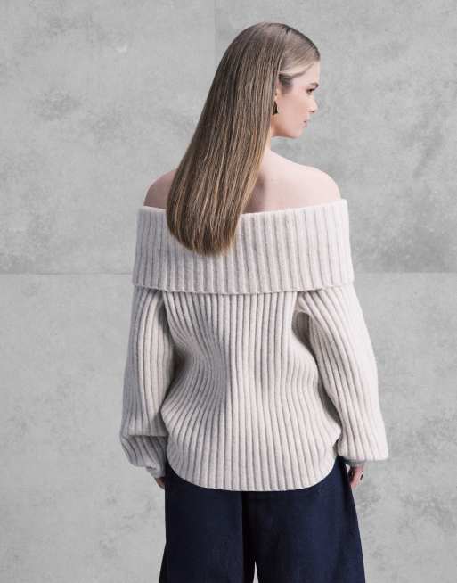 Monki oversized bardot knitted jumper in off white melange, 4 of 4