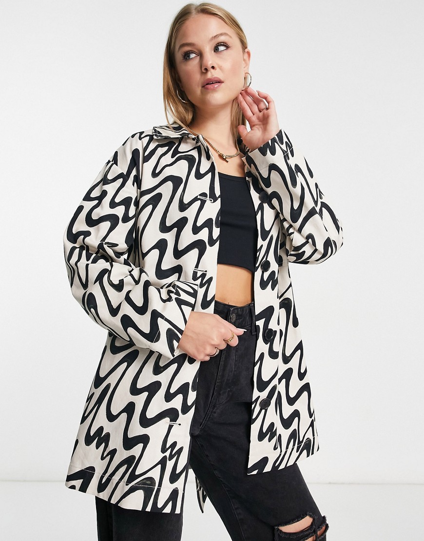 Monki Oversized Belted Jacket In Wave Print - Part Of A Set-multi