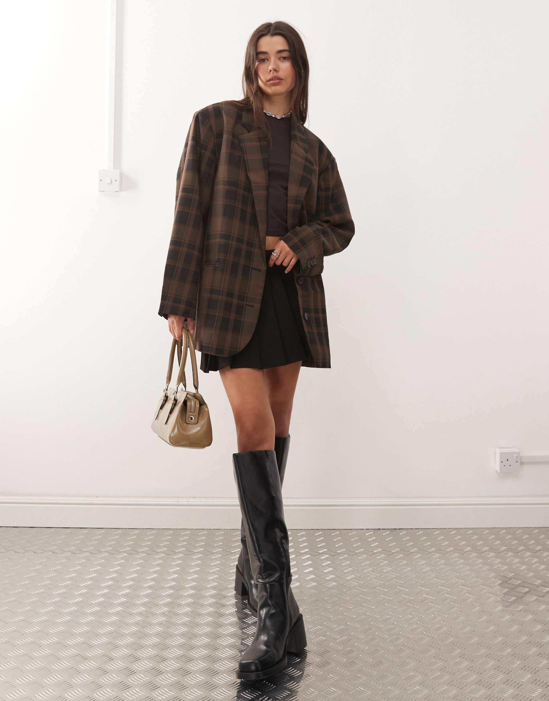 monki oversized blazer in brown check