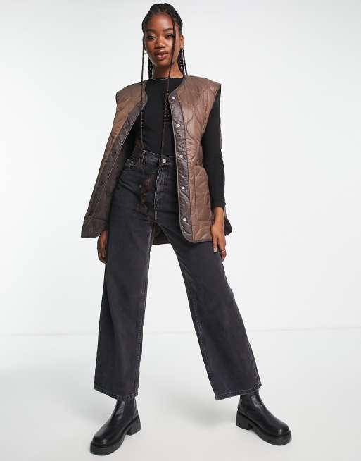 Monki - Oversized bodywarmer met opgezette zakken en doorgestikt motief in bruin